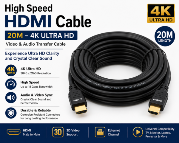 High Speed HDMI Cable 20M – 4K Ultra HD Video & Audio Transfer Cable