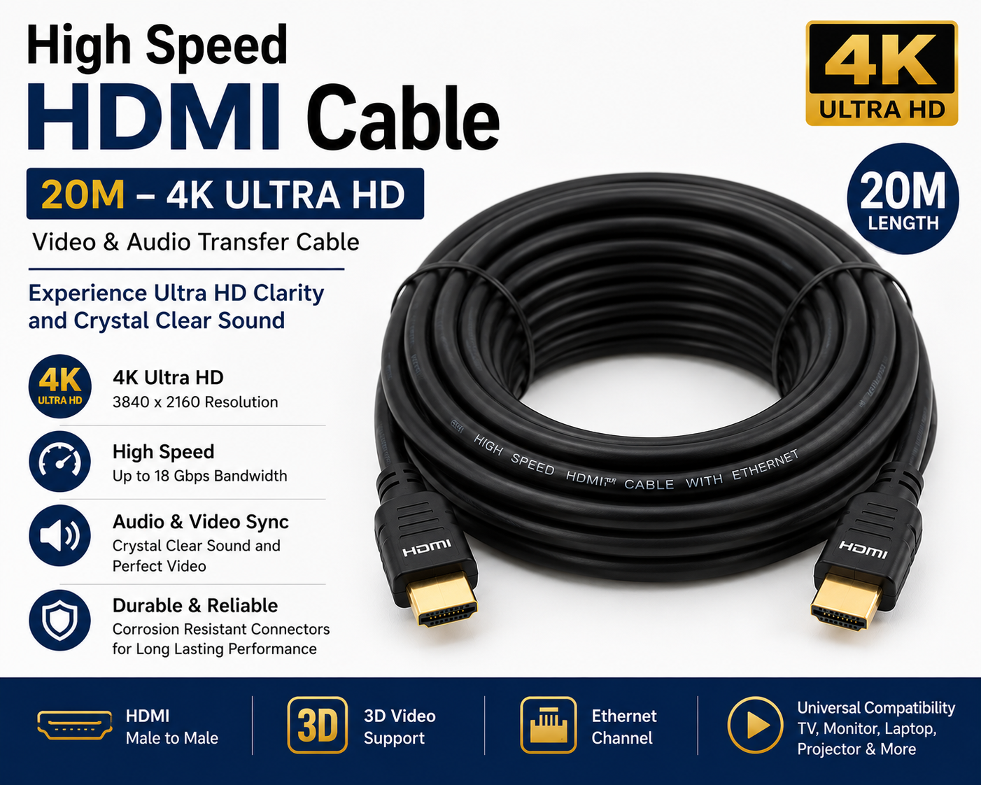 High Speed HDMI Cable 20M – 4K Ultra HD Video & Audio Transfer Cable High Speed HDMI Cable 20M – 4K Ultra HD Video & Audio Transfer Cable